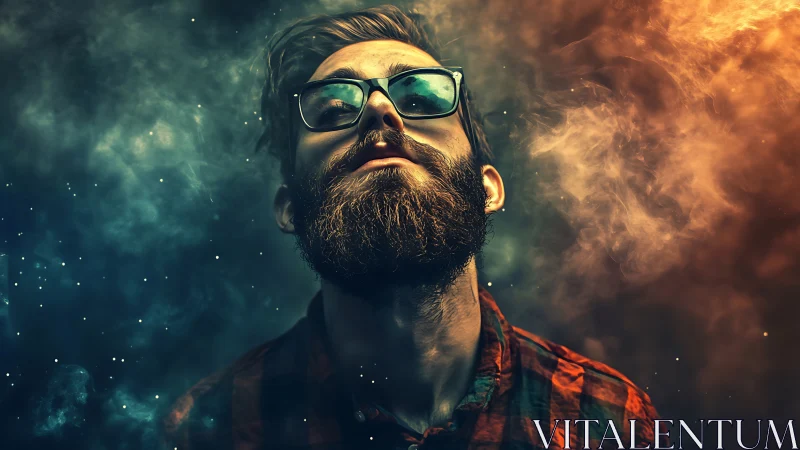 Chromatic vapor portrait of bearded subject in split-spectrum fog.