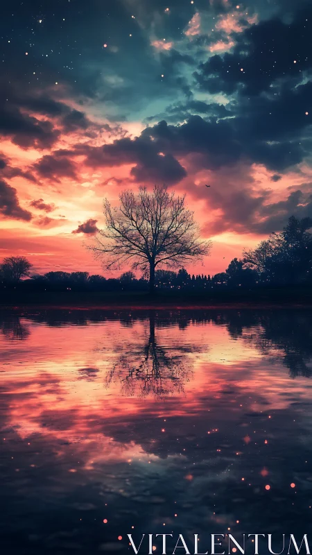 Solitary tree silhouette mirrored in reflective lakeside scene.