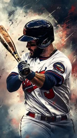 Power hitter in motion amid swirling ballpark energy.