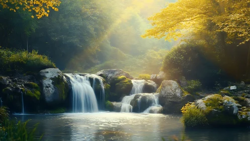 Multi-tiered forest waterfall flows into a still reflective pool
