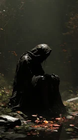 Shrouded watcher bends over autumn light pooled in water