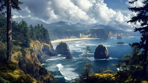 Coastal Wilderness with Forest Cliffs and Sea Stacks.