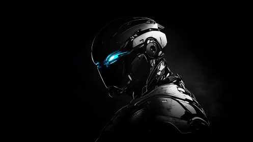Cyberpunk exosuit portrait with luminous visor highlights.