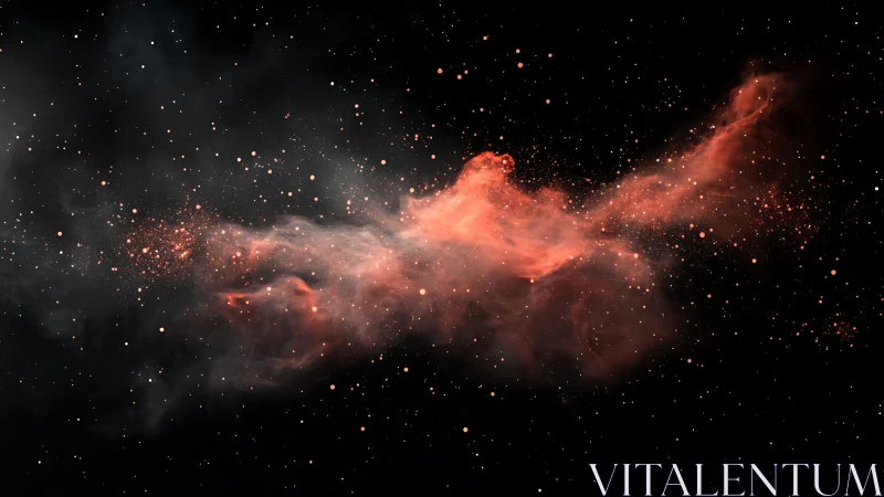Red nebula cloud stretching across deep star field.
