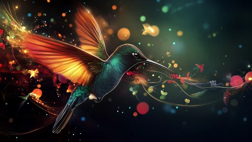 Iridescent hummingbird cuts through bokeh-suffused chromatic field