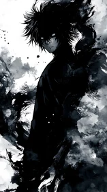 Shadow-touched wanderer wrapped in drifting ink storms.