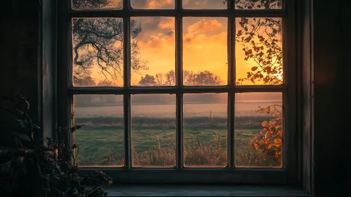 Sunset landscape framed by old rustic window panes.