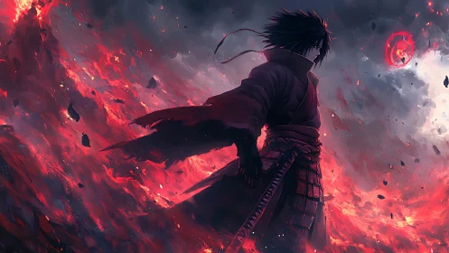 Solitary figure in red landscape under turbulent sky.