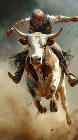 Bull rider suspended mid-jump with dust and motion blur.