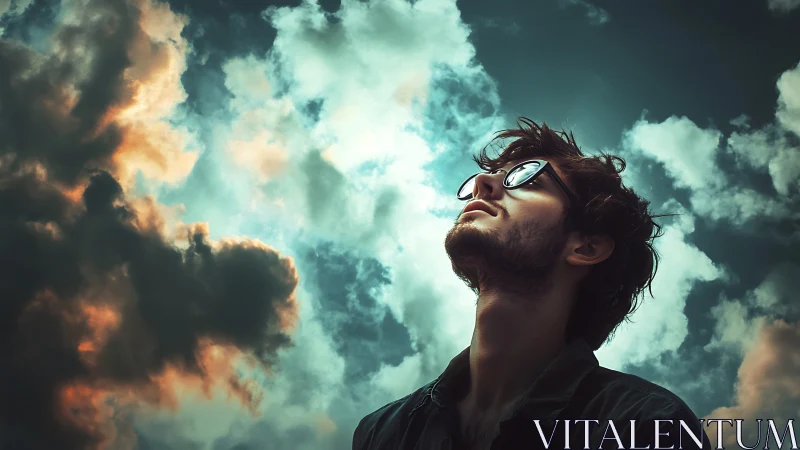 Sky-dreaming wanderer drinks in storm-lit cotton clouds