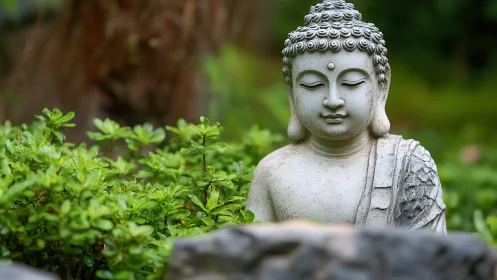 Stone Buddha statue sits among green garden foliage