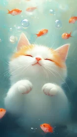 Fluffy white kitten underwater with orange fish and air bubbles