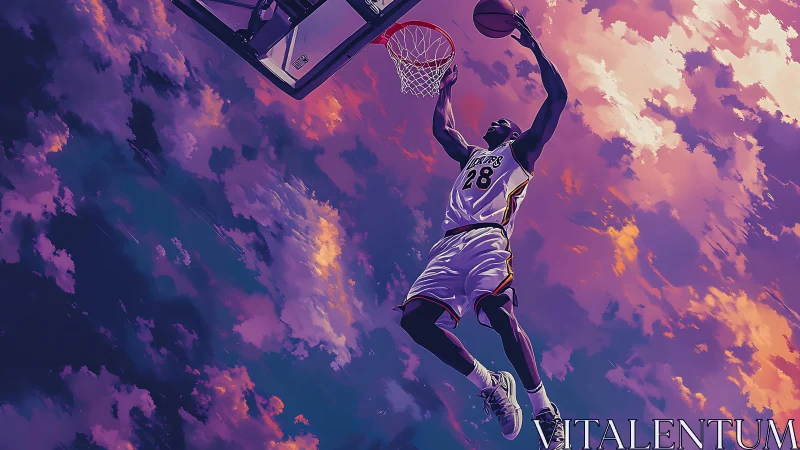 Basketball player dunking against vivid sunset clouds backdrop.