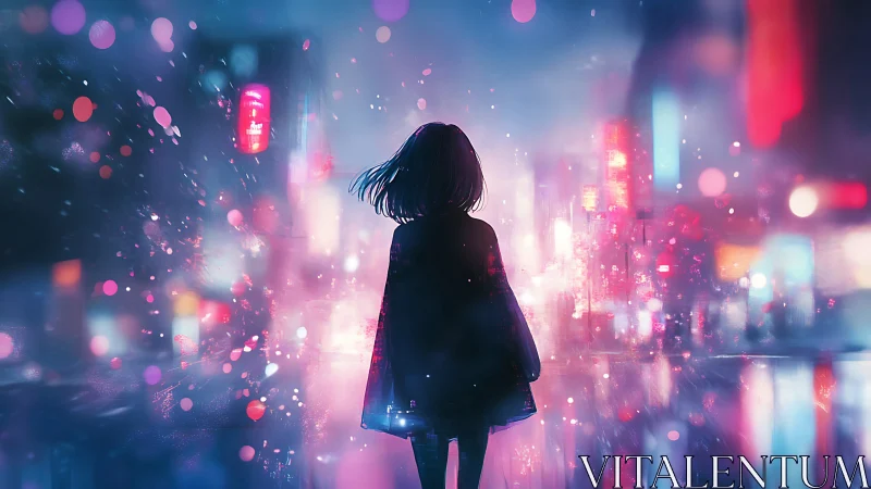 Silhouetted girl overlooks neon city in luminous bokeh haze.