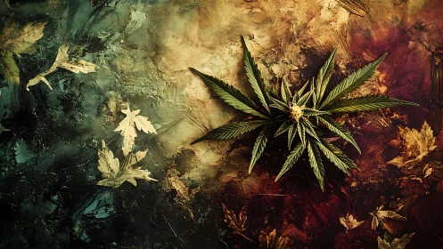 Cannabis leaf rests over textured dual-tone abstract ground