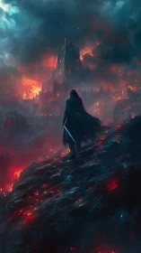 Lone swordbearer above burning citadel under storm sky.