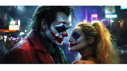 Clown-masked couple lock eyes under neon city rain.