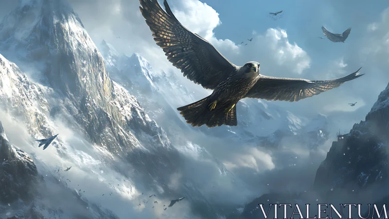 Majestic falcon soaring over snowy mountains in realistic digital art.