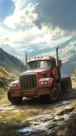 Weathered red semi truck on rough alpine dirt track.