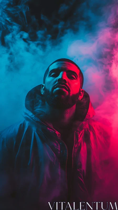 Portrait uses dual-color lighting on subject within dense smoke