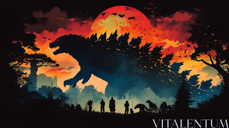 Colossal forest monster silhouetted under a blazing sunset.