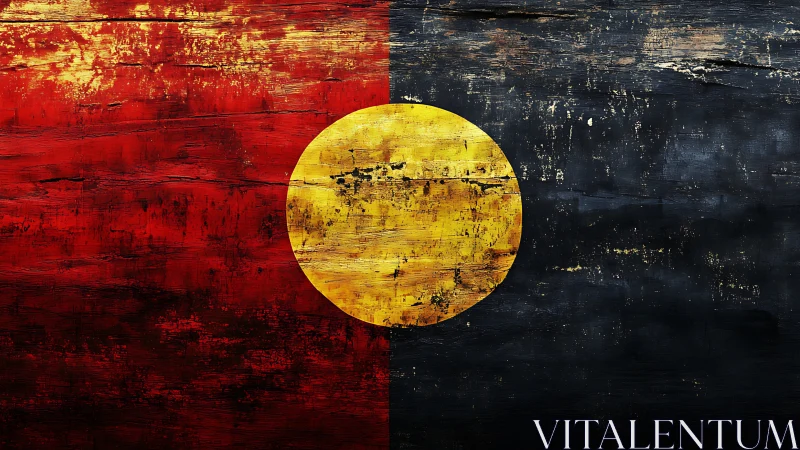 Weathered bicolor field with distressed central solar disc.