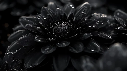 Dark flower with water droplets in monochrome detail.