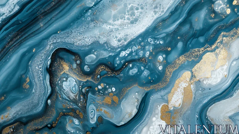 Teal and gold fluid abstract painting with marbled waves.