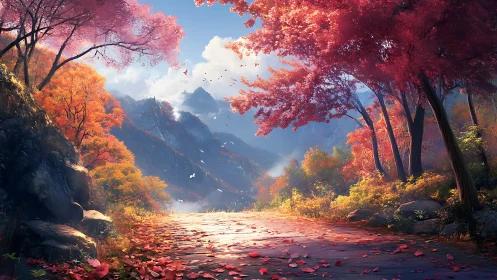 Luminous mountain path framed by radiant autumn foliage.