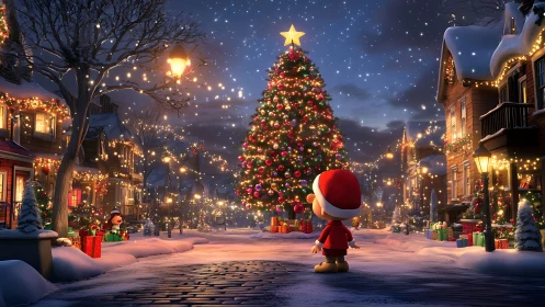 Snow-covered town square with decorated Christmas tree.