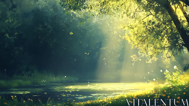 Sunlit forest pond where quiet morning light lingers.