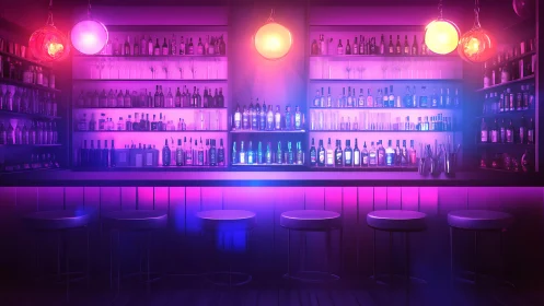 Neon lit cocktail bar interior with stocked backlit shelves.