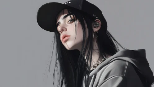 Edgy digital portrait of girl in cap and hoodie stares ahead.