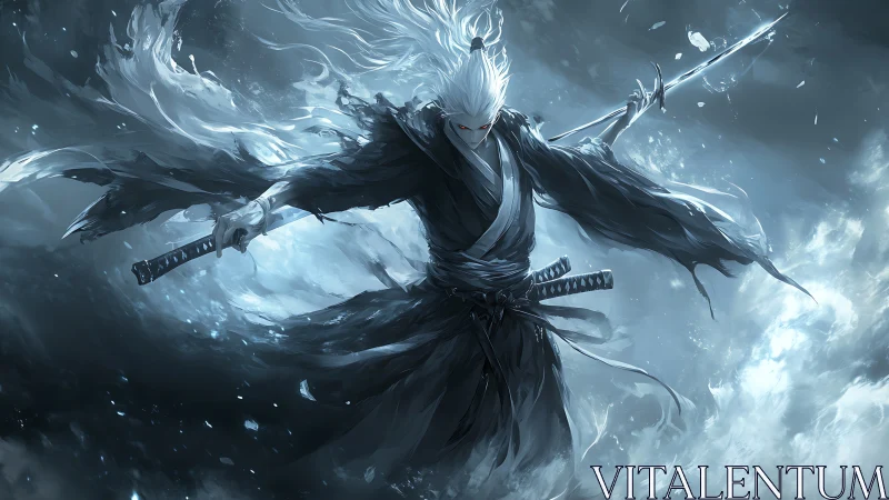 White haired samurai warrior with dual katanas in storm
