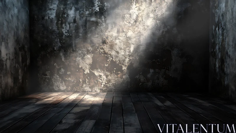 Light enters a deteriorated interior corner with wooden floor