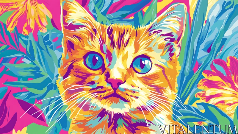 Pop art feline portrait with tropical botanical backdrop.