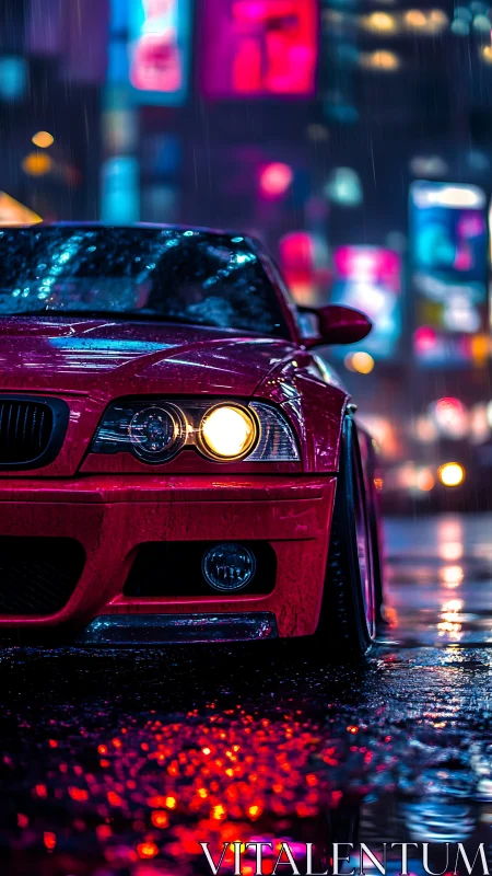 Neon-soaked red street racer prowls the midnight rain. Period.