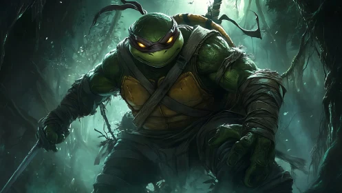 Stealthy mutant warrior crouches in eerie jungle shadows.