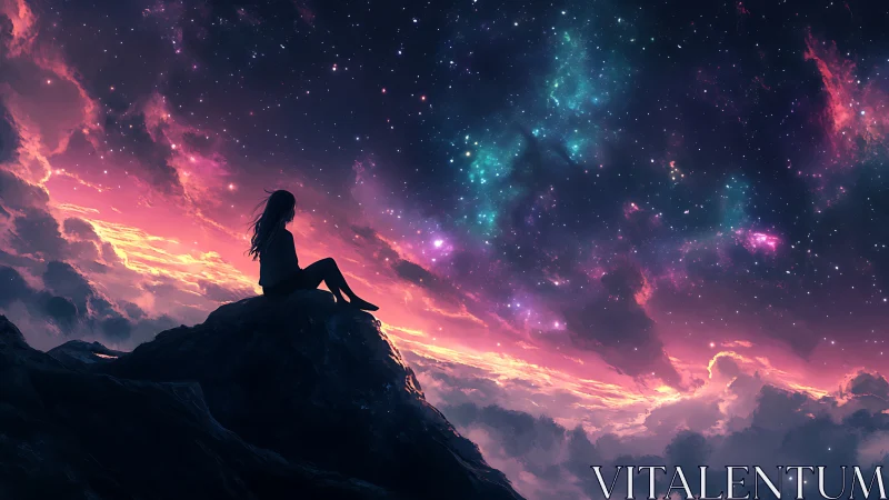 Stargazing dreamer resting above a glowing cotton candy sky.