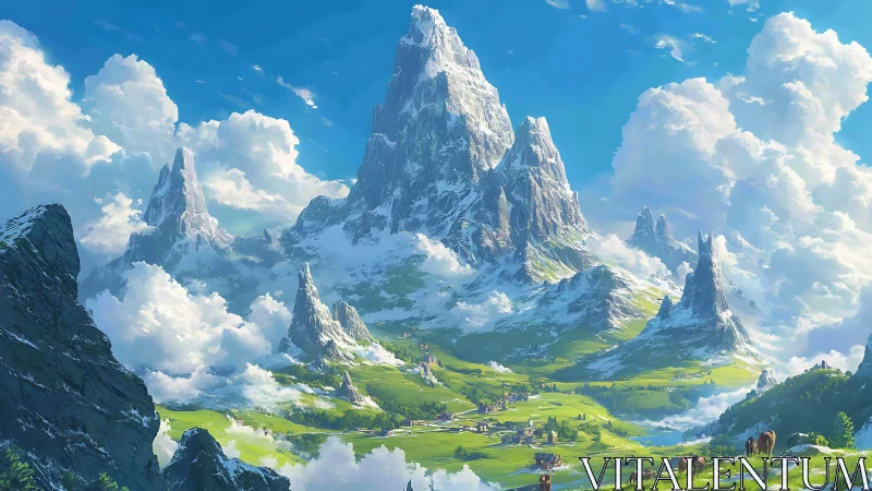 Cloud-cradled alpine spires above a storybook valley green.