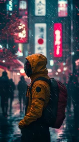 Hooded lone traveler pauses in neon-soaked rainy alley.