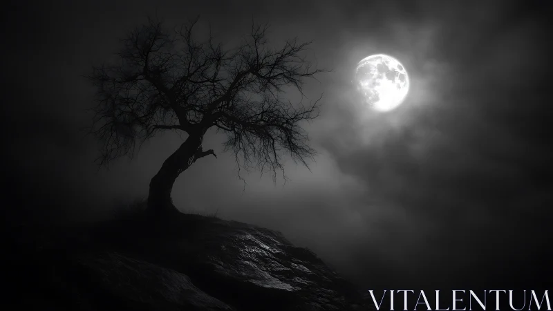 Silent moonlit tree leans over a misty, windswept hillside