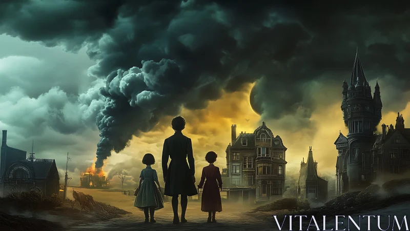 Children witness burning town under stormlit eclipse sky.