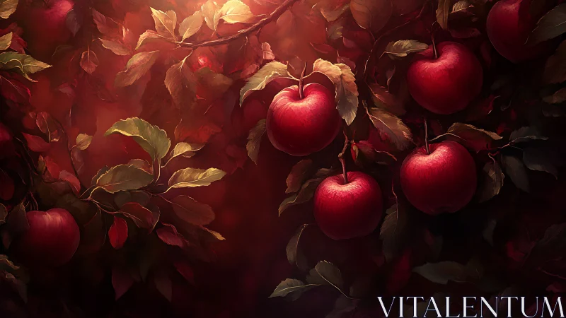 Sunlit crimson apples quietly rehearse their autumn glow