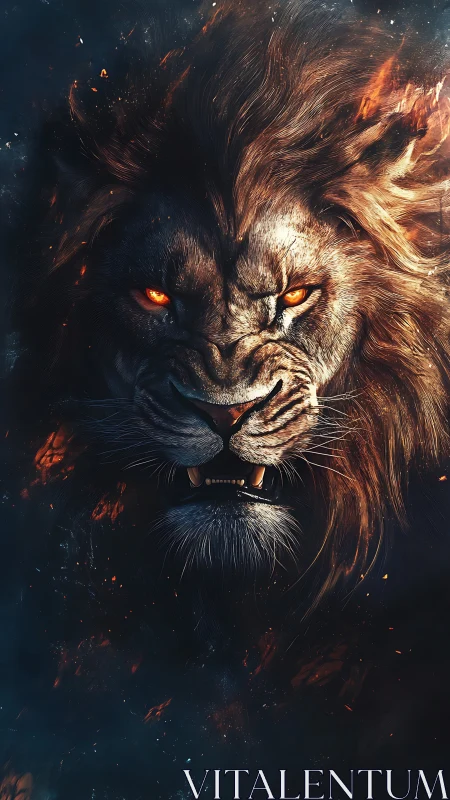 Digital painting of fiery lion portrait with infernal lighting.
