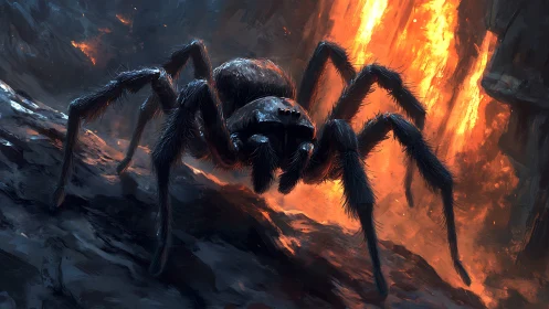 Giant tarantula advances across molten volcanic chasm