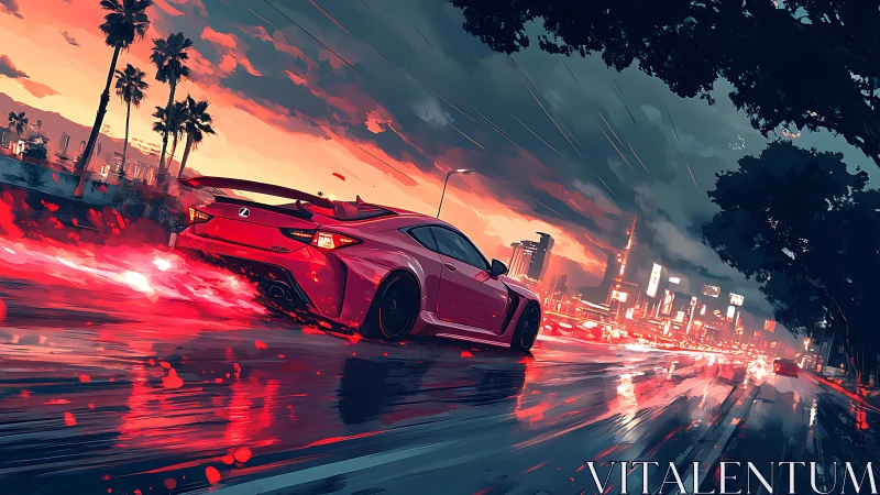 Red sports car accelerates through neon city rainstorm