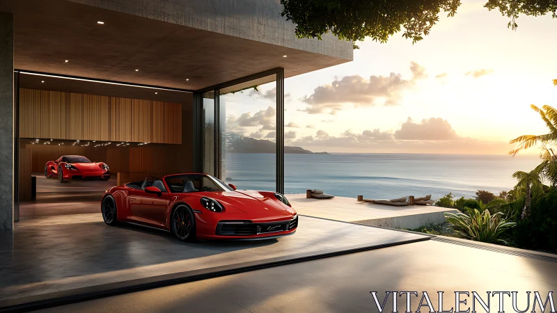 Sunset-red sports cars rest in a sleek oceanfront garage