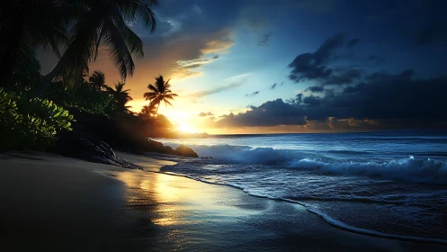 Tropical shoreline at sunset with waves and dark clouds.