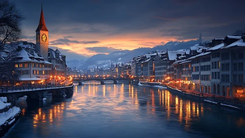 Winter riverfront city at dusk with clock tower lights on.